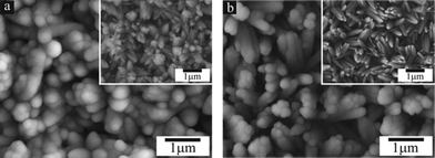 Typical SEM images of the ZnO–SnO2 core–shell structure obtained from ZnO arrays grown over (a) a 12 h reaction time, and (b) an 18 h reaction time, revealing template-dependent configurations of the as-obtained products. Insets of (a) and (b) show top-view SEM images of the ZnO templates grown for 12 and 18 h, respectively.