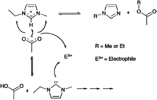 The common mechanisms for the decomposition of [emim][OAc], reliant upon the basicity or nucleophilicity imparted by the acetate anion.