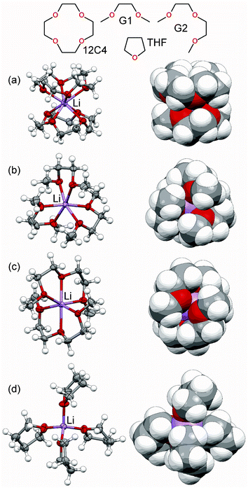 Li+ cation coordination in (a) [(12C4)2Li]+, (b) [(G1)3Li]+, (c) [(G2)2Li]+ and (d) [(THF)4Li]+ crystalline solvates (Li purple, O red).15–36 Note that space-fill models use spheres for atoms (and ions) with the radii proportional to the radii of the atoms. Li+ cations, however, are significantly smaller than Li atoms. Thus, while the space-fill models do provide a better understanding of steric constraints for packing of the solvates, the cation sizes are actually smaller than those shown.