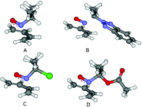 Picture of the TSs associated with the cycloaddition of the selected model nitroso compounds onto butadiene. For each situation, 4 isomeric TSs have been isolated due to the relative endo/exo approach of the dienophile and the relative syn/anti orientation of the EWG group vs. NO. The results presented are relative to the most stable TS (endo/anti; see details in the Supporting Information). Activation free energies (ΔG≠) are indicated in kcal mol−1: A: 26.6; B 27.3; C 27.2; D: 26.5.