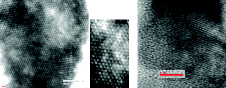 HRTEM imaging of glycerotriazolophanes. Left: compound 5a and middle: a portion of it magnified; right: compound 5b.