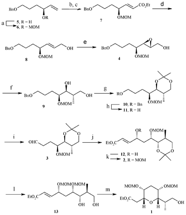 reagents: a) MOMCl, N,N-diisopropylethyl amine, anhydrous CH2Cl2, 0 °C–r.t, 5 h, 85%; b) i) OsO4, NMO, Acetone:H2O (1 : 1), 48 h, 90%; c) i) NaIO4, THF : H2O (4 : 1), 30 min; ii) PPh3 = CHCO2Et, benzene, r.t., 3 h, (80% from 2 steps); d) DIBAL-H, anhydrous CH2Cl2, 0 °C–r.t., 1 h, 82%; e) (−)-DIPT, Ti(iOPr)4, TBHP, anhydrous CH2Cl2, −20 °C, 36 h, 80%; f) i) Me2CuLi, anhydrous Et2O, −40 °C, 3.5 h; ii) NaIO4, THF : H2O (4 : 1), 0 °C–r.t., 30 min, 78%. g) 2,2-DMP, PPTS, anhydrous CH2Cl2, 0 °C–r.t., 3 h, 85%; h) Li, liq NH3, anhydrous THF, −78 °C, 30 min, 82%; i) IBX, anhydrous CH2Cl2, anhydrous DMSO, 0 °C–r.t., 12 h, 80%; j) i) PhNO, l-Proline (40 mol %), triethyl phosphono acetate, Cs2CO3, anhydrous DMSO, r.t., 1 h, ii) Cu(OAc)2, EtOH, r.t., 12 h, 57%, 91%de; k) MOMCl, N,N-diisopropylethyl amine, DMAP, anhydrous CH2Cl2, 0 °C–r.t., 7 h, 80%; l) PPTS, MeOH, r.t., 5 h, 85%; m) TBAF, anhydrous THF, r.t, 3 days, 75%.