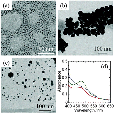 TEM images of Au nanoparticles prepared by accelerated electron beam irradiation in [BuMeIm]+-based RTILs containing 1.0 mmol L−1 NaAuCl4·2H2O. The irradiation dose was 20 kGy. The RTILs were (a) [BuMeIm][Tf2N], (b) [BuMeIm][(FSO2)2N] and (c) [BuMeIm][BF4]. (d) UV-vis spectra of [BuMeIm]+-based RTILs containing 1.0 mmol L−1 NaAuCl4·2H2O after accelerated electron beam irradiation at 20 kGy. The RTILs were () [BuMeIm][Tf2N], (, blue) [BuMeIm][(FSO2)2N] and (, green) [BuMeIm][BF4]. The background samples for UV-vis spectroscopy were neat RTILs without electron beam irradiation.