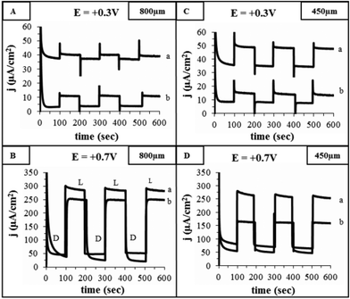 Dark (D) and photocurrents (L) obtained by chronoamperometry in 0.1 M Na2CO3 solution, pH 12, at +0.3 and +0.7 V for IF800 (A and B, respectively) and IF450 (C and D, respectively). Curves (a) and (b) represent the response obtained for iron foams which have been heat treated in air at 500 °C for 1 and 4 h, respectively.