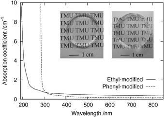 Optical absorption spectra of ethyl- and phenyl-modified PSQ glasses. Photographs of these samples (left, ethyl-modified sample, thickness ∼3.6 mm; right, phenyl-modified sample, thickness ∼8.5 mm) are also shown.