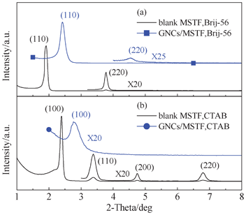 SAXRD patterns of the blank MSTFs and GNCs/MSTFs prepared by (a) Brij-56 and (b) CTAB surfactants.