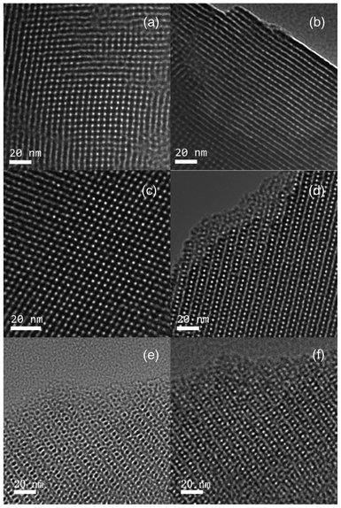 TEM images of blank MSTFs prepared by (a) and (b) Brij-56 and (c)–(f) CTAB surfactants.