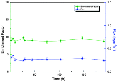 Durability experiments for PBPP composite membrane in model gasoline (heptane–thiophene) desulfurization at 80 °C.