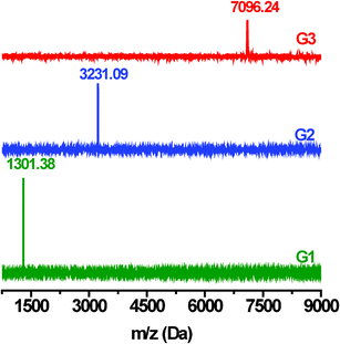 MALDI-TOF ms spectra of dendrimers G1–G3.