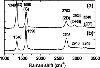 Raman spectra (acquired under ambient conditions with an excitation wavelength, λexc = 532 nm, acquisition area: ∼1 μm2) from (a) the unmodified CNT array and (b) the graphene layers grown on the top of the CNT array.