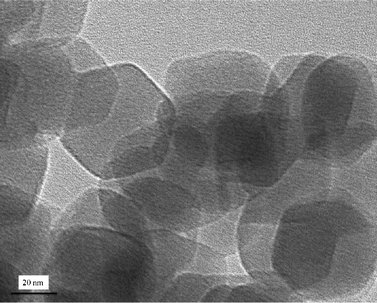 TEM image of as-synthesized ZIF-8 crystals.