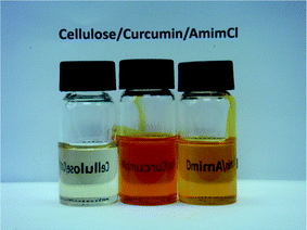 The photographs of cellulose (left, 4%), curcumin (middle, 1%) and cellulose/curcumin solutions (right, 3% curcumin for cellulose) prepared with AmimCl solvent.