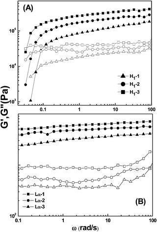 Storage moduli (G′, solid) and loss moduli (G′′, hollow) as a function of angular frequency (ω) for hexagonal (A) and lamellar (B) phases in the C12MPB–C10H21OH–H2O system. The compositions of the samples are as those shown in Fig. 3.