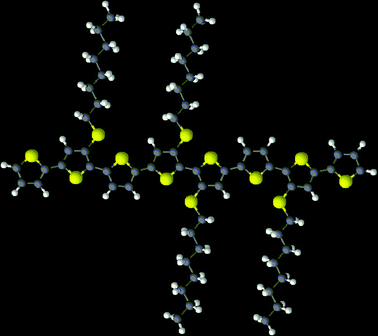 The octithiophene used in this study [3′′′′,3′′′′′′,4′,4′′′–tetrakis(octylsulfanyl)–2,2′:5′,2′′:5′′,2′′′:5′′′,2′′′′:5′′′′,2′′′′′:5′′′′′,2′′′′′′:5′′′′′′,2′′′′′′–octithiophene]. Atoms in grey: carbon, in yellow: sulfur, in white: hydrogen.