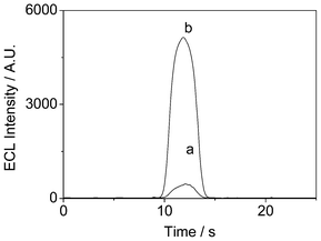 (a) The ECL emission of Ru(bpy)32+ immobilized in (a) a normal laponite film. (b) in a laponite-KCl composite film under cyclic voltammetry from 0 V to 1.2 V in 0.1 mol L−1 PBS containing 5 mmol L−1 C2O42−. Scan rate: 100 mV s−1.
