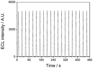 ECL emission of Ru(bpy)32+ immobilized in a laponite-gel film in 0.1 mol L−1 PBS containing 5 mmol L−1 C2O42− under continuous CV from 0 V to 1.2 V for 20 cycles. Scan rate: 100 mV s−1.