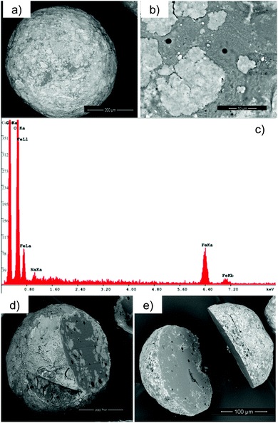 Distribution of γ-Fe2O3 NP loading in pectin aerogel microspheres: (a) γ-Fe2O3 NPs were observed in the outer surface of the aerogel microspheres (b) forming islands. (c) EDS analysis confirmed the γ-Fe2O3 NPs origin of the islands. (d,e) SEM pictures of cut microspheres reveal that γ-Fe2O3 NPs are mainly present in the outer shell of the aerogel microsphere.