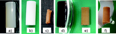 Drying of (a) pectin hydrogel monoliths by means of (b) supercritical drying, aerogel, and (c) vacuum drying, xerogels. Maghemite nanoparticles can be incorporated in (d) the pectin gel matrix leading to (e) brownish aerogels after supercritical drying. (f) Monolith with 1.5–2.0 wt% in NPs attracted by a magnet.
