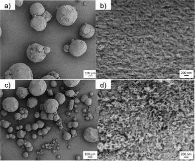 SEM pictures of pectin aerogel microspheres without (top) and with the addition of γ-Fe2O3 NPs (bottom).