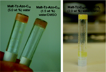 Left: gels of Malt–Tz–Azo–C16 5 wt% water and 1.5 wt% DMSO/water. Right: gel of Malt–Tz–C10–Azo–OCH3, 2 wt% DMSO/water.