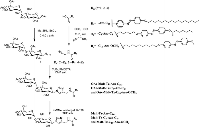 Synthesis of Malt–Tz–Azo–C16, Malt–Tz–C5–Azo–C8, and Malt–Tz–C10–Azo–OCH3 by a click reaction.