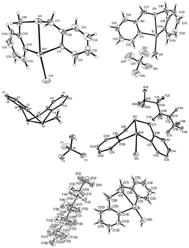 Crystal structures of complexes 24 (X = Cl, top left), 25a (X = ClO4, top right), 25b (X = BF4, middle left), 25c (X = OSO2C4F9, middle right), and 25d (X = OSO2C8F17, bottom). (Images reproduced from ref. 35 with permission of the Royal Society of Chemistry).35–37,39