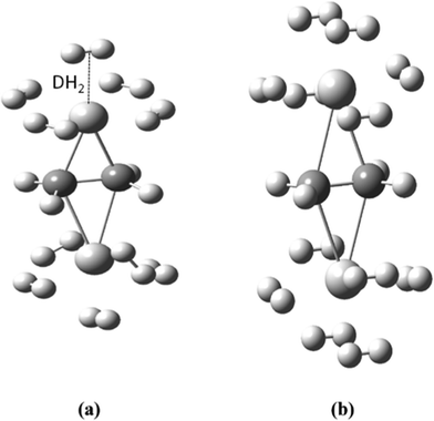 Optimized geometries of (a) Ti2–C2H4–10H2 and (b) Ti2–C2H4+–12H2 complexes using PBEPBE/6-31G(d,p) level of theory.