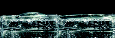 One drop of water on a particle film before and after half an hour of illumination with UV light. The contact angle decreases markedly after UV-illumination.