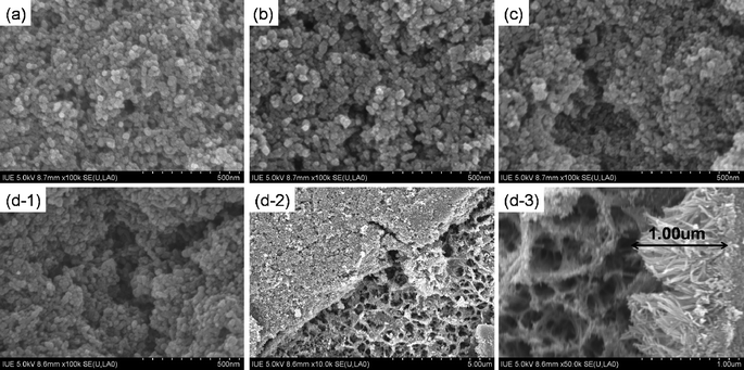 SEM images of flexible TiO2 anodes on the samples A (a), B (b), C (c) and D (d-1, d-2, and d-3).