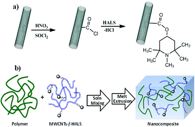 Synthetic routes used for the preparation of (a) MWCNTs-f-HALS and (b) MWCNTs-f-HALS/PP nanocomposite.