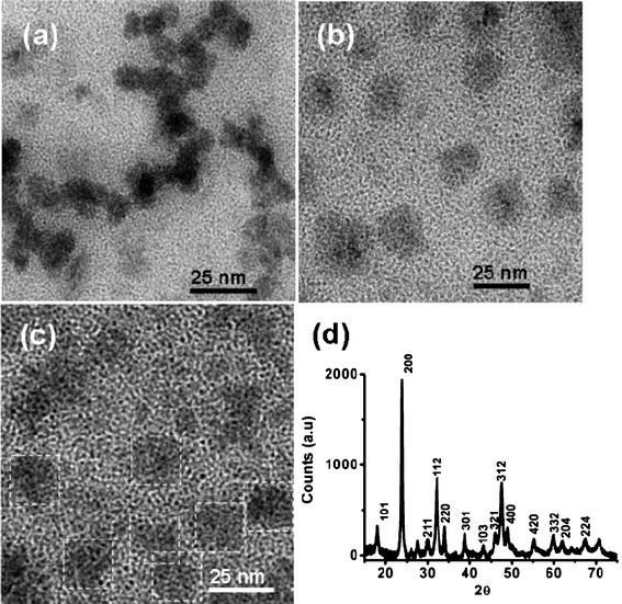 a) TEM image of LaVO4:Eu3+ core nanoparticles, b) TEM image of LaVO4:Tm3+/Tb3+/Eu3+ core–shell nanoparticles, c) TEM image of LaVO4:Tm3+/Dy3+ core–shell nanoparticles (particles are identified with white dotted lines for clarity), and d) XRD pattern of LaVO4:Tm3+/Tb3+/Eu3+ core–shell nanoparticles.