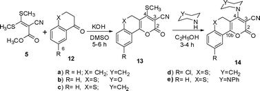 Synthesis of the substituted 5,6-dihydro-2-oxo-2H-benzo[h] chromene-3-carbonitriles (13a,14a) and 2,5-dihydro-2-oxo-thiochromeno [4,3-b]pyran-3-carbonitriles (13b–e,14b-e).23