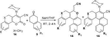 Synthesis of tetrahydrooxahelicenes (15) and (16).