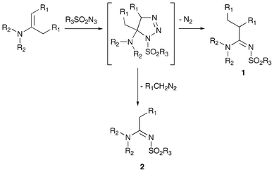 General reaction scheme for the cycloaddition of enamines with sulfonyl azides.