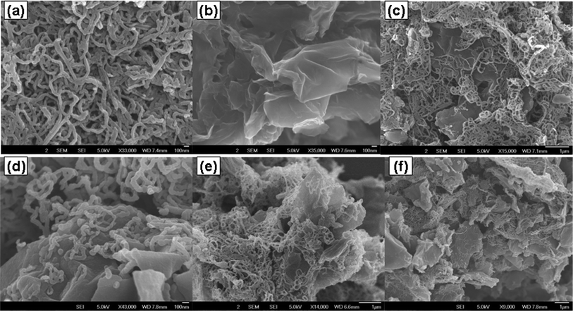 SEM images of PPy nanowire (a), GCR (b), PPyGCR91 (c), PPyGCR51 (d), PPyGCR11 (e), and PPyGCR13 (f).