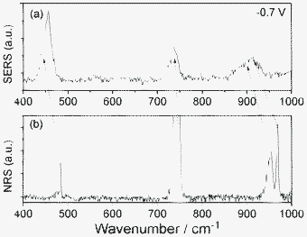 (a) SERS of SCN− adsorbed on Ag film, and (b) normal Raman scattering (NRS) of KSCN crystal.