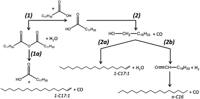 Potential decarbonylation pathways of stearic acid towards hydrocarbons in the absence of external hydrogen.