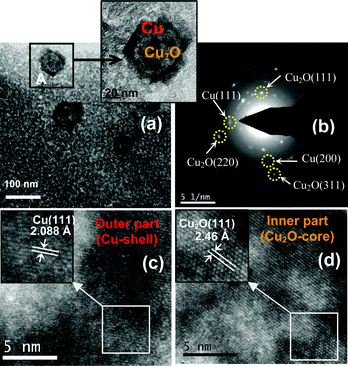 (a) TEM images showing the existence of Cu2O@Cu NPs in the alumina film; magnified image of one NP (marked as A) has been shown in the inset indicating the core (Cu2O) and shell (Cu); (b) SAED pattern taken from the NP (shown in the inset of ‘a’, marked as A) confirms the co-existence of Cu and Cu2O in a single NP; (c) HRTEM image of the outer darker portion of the NP shows the lattice fringes corresponding to Cu (a magnified portion has been shown in the inset); (d) HRTEM image taken from the inner lighter portion of the NP showing lattice fringes corresponding to Cu2O NPs (inset shows a magnified portion).