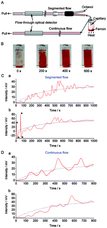 Recording convection with segmented and continuous flow. (A) Experimental setup used in the real-time sampling with/without segmented flow prior to detection by the flow-through optical detector (cf.Fig. 1). The segmented flow was generated by pushing n-octanol towards the Y-junction while the bulk of the liquid was withdrawn by a syringe pump at the outlet of the flow line. (B) Photographs of the vial (nominal volume: 20 mL) during the convective mixing of 100 μL ferroin with 15 mL water (aided by heating). The ID of the capillary used for on-line sampling was 320 μm. Distance from the bottom of the vial to the inlet of the capillary: ∼40 mm. (C) The output data (red solid line) obtained with the segmented flow sampling (2 replicates: (a) and (b)). The blue dashed lines correspond to the exponential functions fitted to the experimental data (after removal of n-octanol-related features from the trace): (a) f(t) = 31 × (1 − e(−0.0030t)); (b) f(t) = 52 × (1 − e(−0.0030t)). The features marked with asterisks (*) are due to air bubbles. (D) The output data (red solid line) obtained with the continuous flow sampling (2 replicates: (a) and (b)). The blue dashed lines correspond to the exponential functions fitted to the raw data: (a) f(t) = 27 × (1 − e(−0.0030t)); (b) f(t) = 43 × (1 − e(−0.0030t)). The ranges of horizontal axes in (C) and (D) were adjusted in order to represent comparable sampling volumes (taking into account differences in the effective sampling rates).