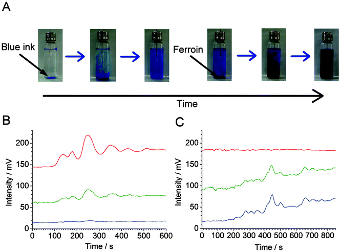 Sequential convection of two substances with different visible light absorption maxima. (A) Photographs of the vial (nominal volume: 20 mL) filled with 15 mL of water after injection of blue link (three pictures to the left), and ferroin (three pictures to the right). (B,C) Sampling and detection of the vial content by segmented flow used in conjunction with the home-made optical detector (cf.Fig. 1). (B) Measurement started after the injection of 100 μL of blue ink (50× diluted original sample). (C) Measurement started after subsequent addition of 100 μL of ferroin sample. In (B) and (C), different wavelength channels are denoted by their apparent colour (red, green, and blue light—top to bottom). Wavelengths: λred = 629 ± 6.5 nm, λgreen = 518 ± 16 nm, λblue = 463 ± 11 nm. The traces were shifted vertically for clarity. The delay time between red/green and green/blue channels is ∼2.5 s. The raw data have been treated with a custom software in order to eliminate the peaks due to the n-octanol plugs.