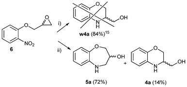 Regioselective reaction of the seven-membered ring 5a: i) according to reference 15 ii) Pd/C, EtOH, reflux, 12 h, inert atmosphere. The identification tag w4a15 denotes the wrong 4a with its bibliographic reference as superscript: it means “the incorrect structure 4a, described in the corresponding ref. 14, 15 or 16 but that is actually 5a”.