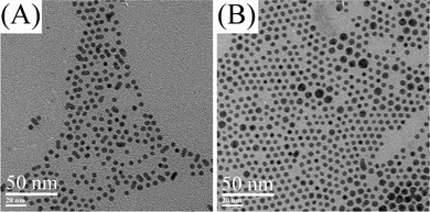 TEM images of silver nanoparticles. (A) 10 mM in oleic acid, 160 °C, 30 min. (B) 10 mM in oleic acid, 170 °C, 30 min.