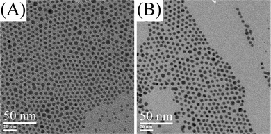 TEM images of silver nanoparticles. (A) 10 mM in oleic acid, 160 °C, 1 h. (B) 10 mM in oleic acid, 170 °C, 2 h.
