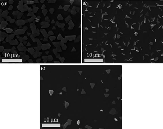 (a–c) SEM images of Sb2Te3 NPs grown on mica, HOPG and Si (111) substrates, respectively.