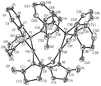 ORTEP diagram of complex 2 with atom numbering scheme; thermal ellipsoids are drawn at the 50% probability level. (CH3)2CO found in the unit cell is not shown. Selected bond lengths (Å) and angles (°): Pd(1)–C(1) 2.024(4), Pd(1)–N(1) 2.099(3), Pd(1)–O(1) 2.151(3), Pd(1)–P(1) 2.2330(10), Pd(2)–C(30) 2.028(4), Pd(2)–N(2) 2.101(3), Pd(2)–O(2) 2.158(3), Pd(2)–P(2) 2.2284(10), Pd(1)–Pd(2) 3.2338(4); C(1)–Pd(1)–N(1) 88.40(15), C(1)–Pd(1)–O(1) 172.92(15), C(1)–Pd(1)–P(1) 84.40(12), N(1)–Pd(1)–O(1) 87.58(13), N(1)–Pd(1)–P(1) 171.13(10), O(1)–Pd(1)–P(1) 99.03(8), C(30)–Pd(2)–N(2) 87.54(17), C(30)–Pd(2)–O(2) 173.34(16), C(30)–Pd(2)–P(2) 84.03(14), N(2)–Pd(2)–O(2) 88.37(13), N(2)–Pd(2)–P(2) 168.53(10), O(2)–Pd(2)–P(2) 99.27(9).