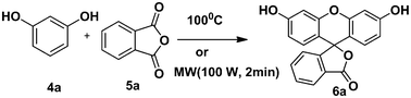 Reaction conditions: (2 mmol) resorcinol and (1 mmol) phthalic anhydride in 5 mmol (1 mL) of IL under microwave irradiation (100 W) for 2 min or reflux at 100 °C for 60 min.