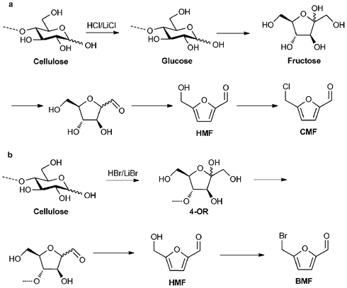 Proposed mechanisms for the production of CMF and BMF from cellulose. Adapted from ref. 49.