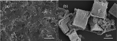 SEM images of MOF-5 thin films on a GCE prepared (a) with and (b) without 4-carboxyphenyl as the covalent linker.
