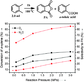 Nonsolvent oxidation of o-xylene to phthalic anhydride catalyzed by 1b with O2 and N2O. Reaction conditions: 2.0 ml o-xylene, 100 °C, O2 or N2O, 50 mg catalyst, 25 ml autoclave with a magnetic stir, reaction time 10 h.