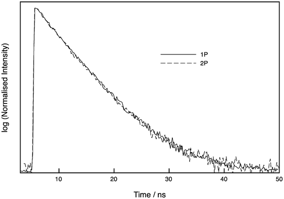 Normalised time-resolved decays of tC (oligo 3) following excitation at 405 nm (one-photon, 1P) and 800 nm (two-photon, 2P). The two decays are indistinguishable. See ESI for details.